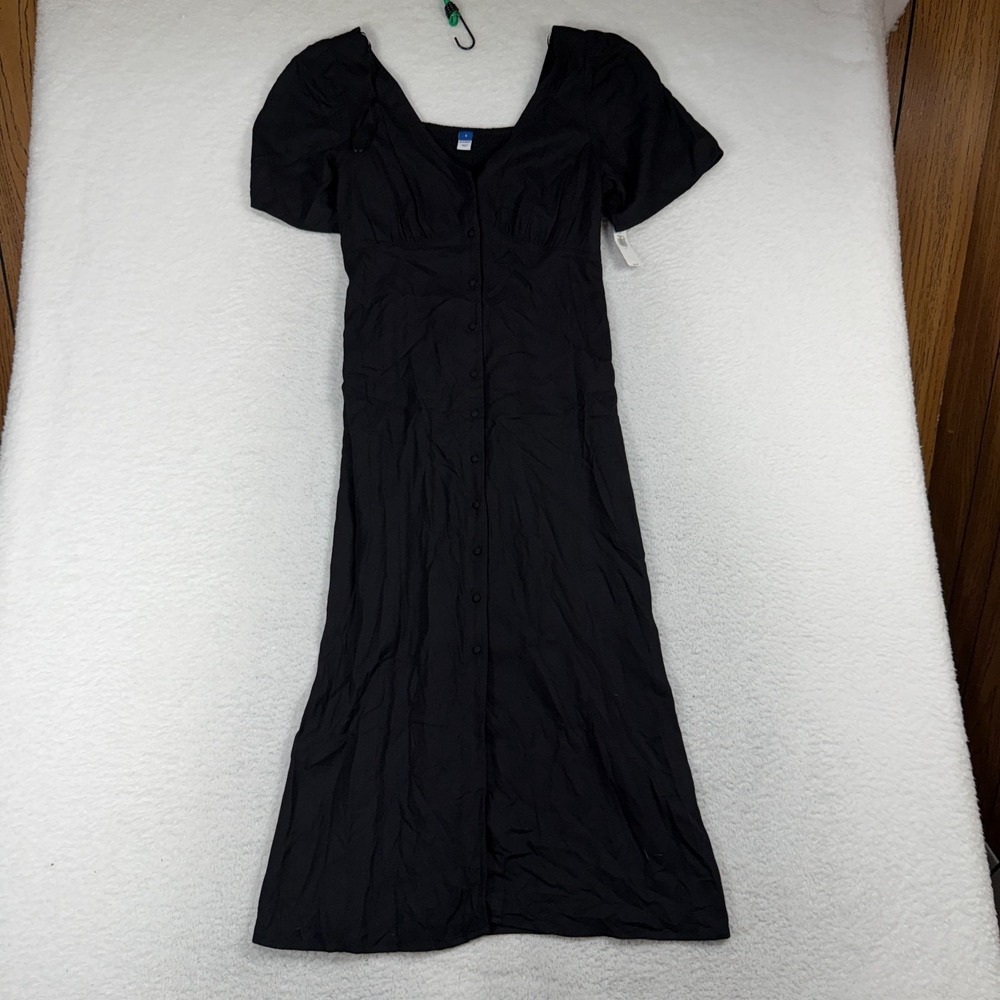 Old Navy Black Button Front V Neck Short Sleeve Midi Dress Small NWT NEW Picnic